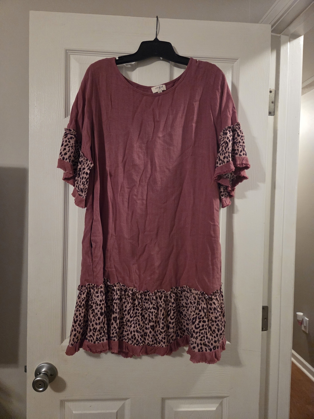 Umgee Dusty Rose Midi Dress with Leopard Ruffle Trim